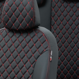 Otom Audi A4 2004-2008 Özel Üretim Koltuk Kılıfı Madrid Design Deri Siyah - Kırmızı - Thumbnail