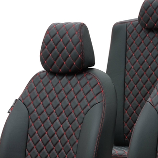 Otom Audi A4 2008-2015 Özel Üretim Koltuk Kılıfı Madrid Design Deri Siyah - Kırmızı - Thumbnail