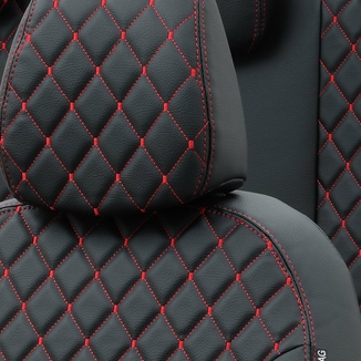 Otom Audi A4 2008-2015 Özel Üretim Koltuk Kılıfı Madrid Design Deri Siyah - Kırmızı - Thumbnail