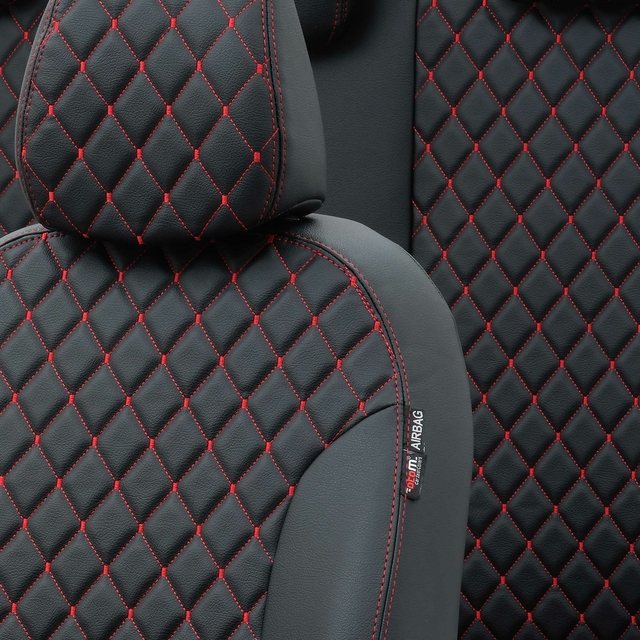Otom Audi Q3 2012-2018 Özel Üretim Koltuk Kılıfı Madrid Design Deri Siyah - Kırmızı - 3