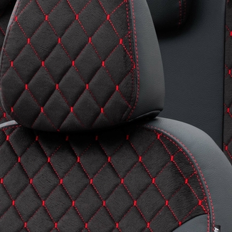 Otom Bmw X1 2015-2019 F48 Özel Üretim Koltuk Kılıfı Madrid Design Tay Tüyü Siyah - Kırmızı - Thumbnail