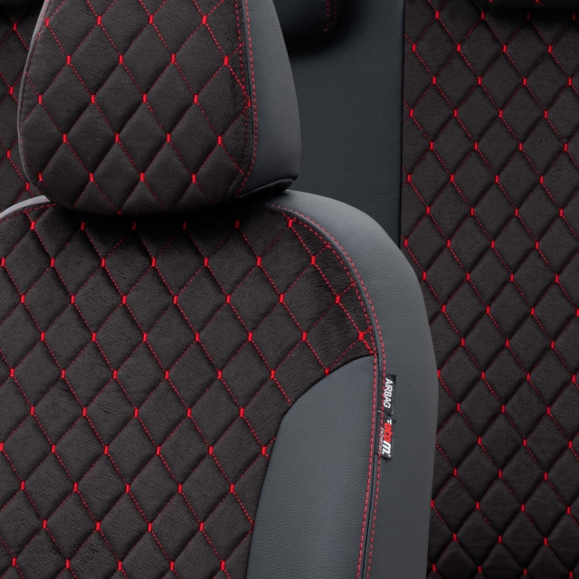 Mercedes EQC 2019-Sonrası Özel Üretim Koltuk Kılıfı Madrid Design Tay Tüyü Siyah - Kırmızı - 3