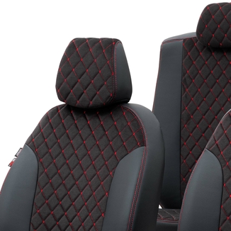 Otom Mitsubishi Attrage 2015-Sonrası Özel Üretim Koltuk Kılıfı Madrid Design Tay Tüyü Siyah - Kırmızı - Thumbnail