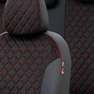 Otom Nissan Micra 2011-2019 Özel Üretim Koltuk Kılıfı Madrid Design Tay Tüyü Siyah - Kırmızı - Thumbnail