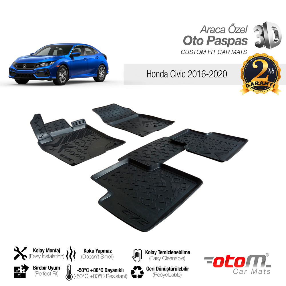 Otom Honda Civic 2016-2020 Araca Özel 3D Havuzlu Paspas